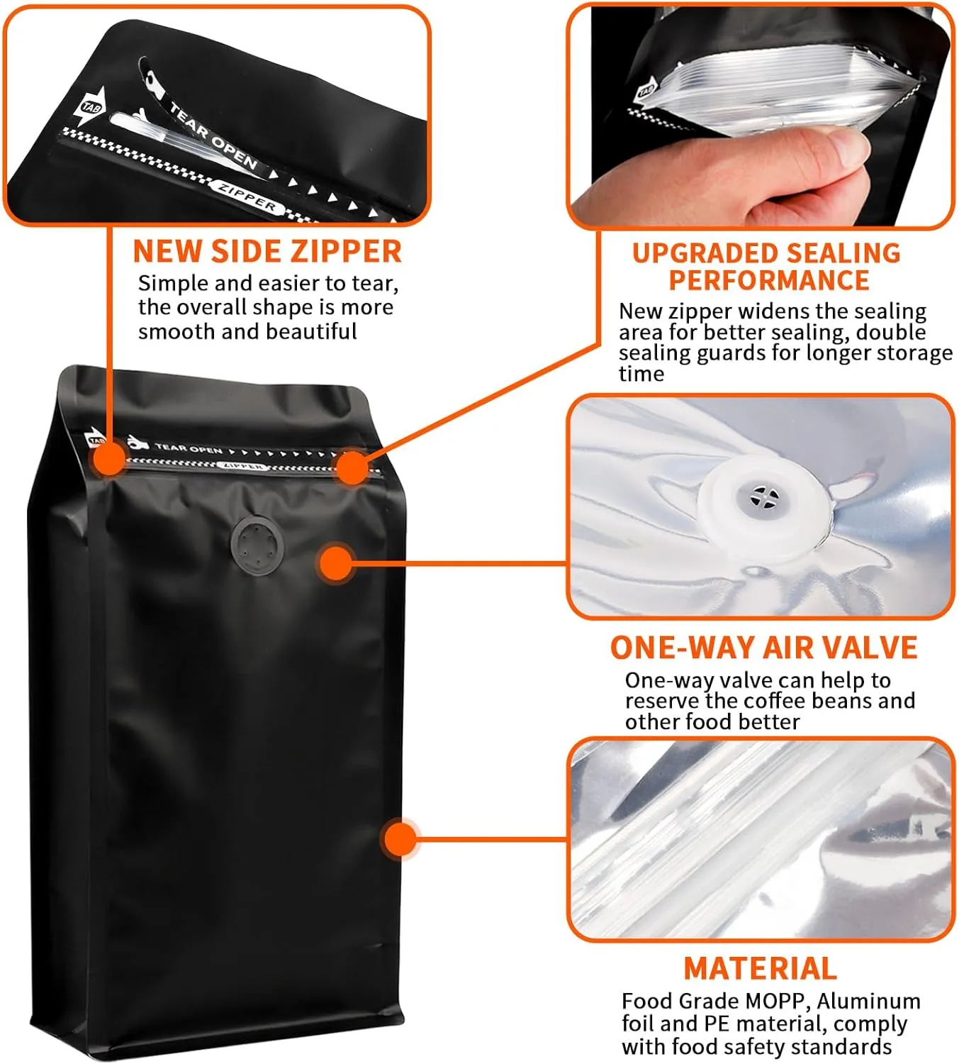 NEW Upgraded Coffee Bags with Valve (50 PCS, 8 oz/0.5 lb) Black High Barrier Aluminum Foil Flat Bottom Standing Coffee Bean Storage Bags, Reusable Heat Seal Side Zipper Pouches for Home and Store