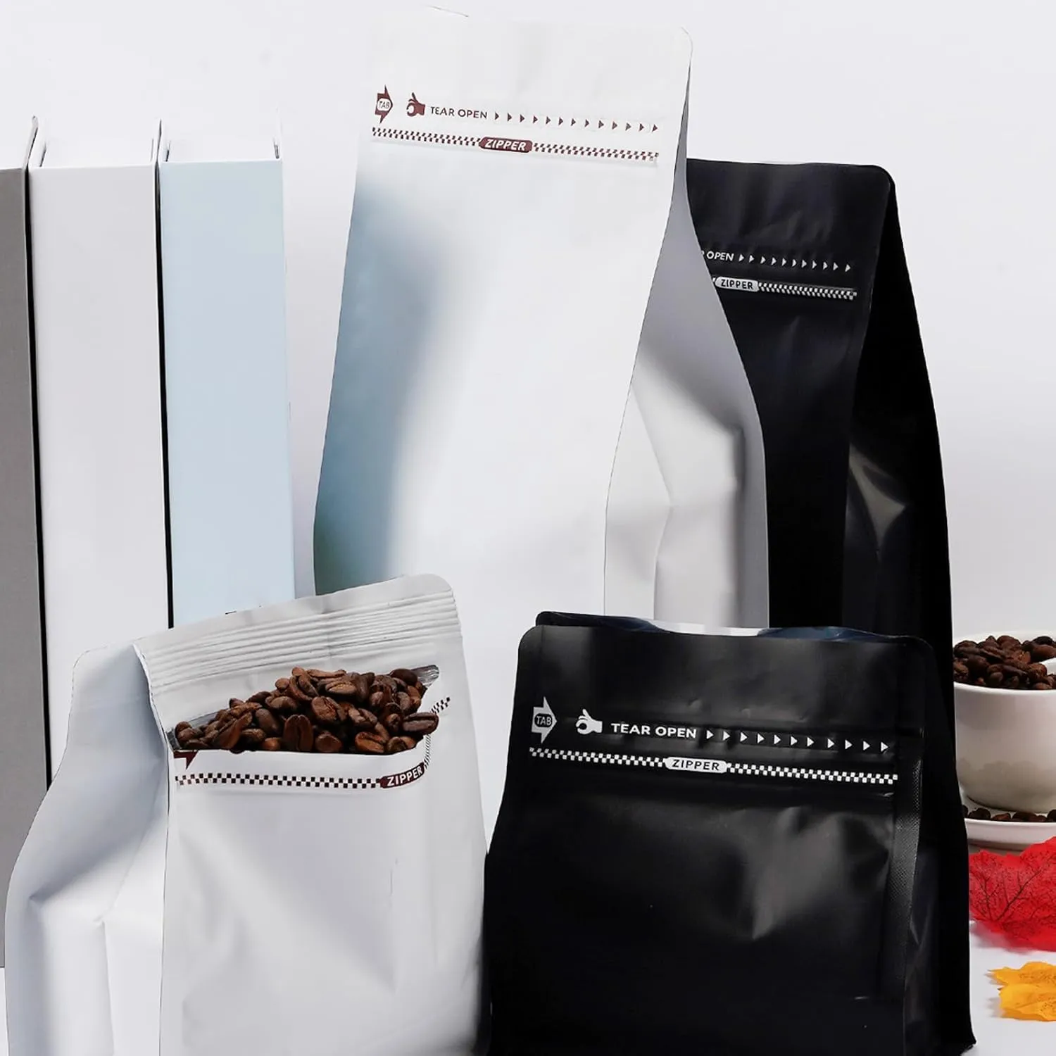 NEW Upgraded Coffee Bags with Valve (50 PCS, 8 oz/0.5 lb) Black High Barrier Aluminum Foil Flat Bottom Standing Coffee Bean Storage Bags, Reusable Heat Seal Side Zipper Pouches for Home and Store
