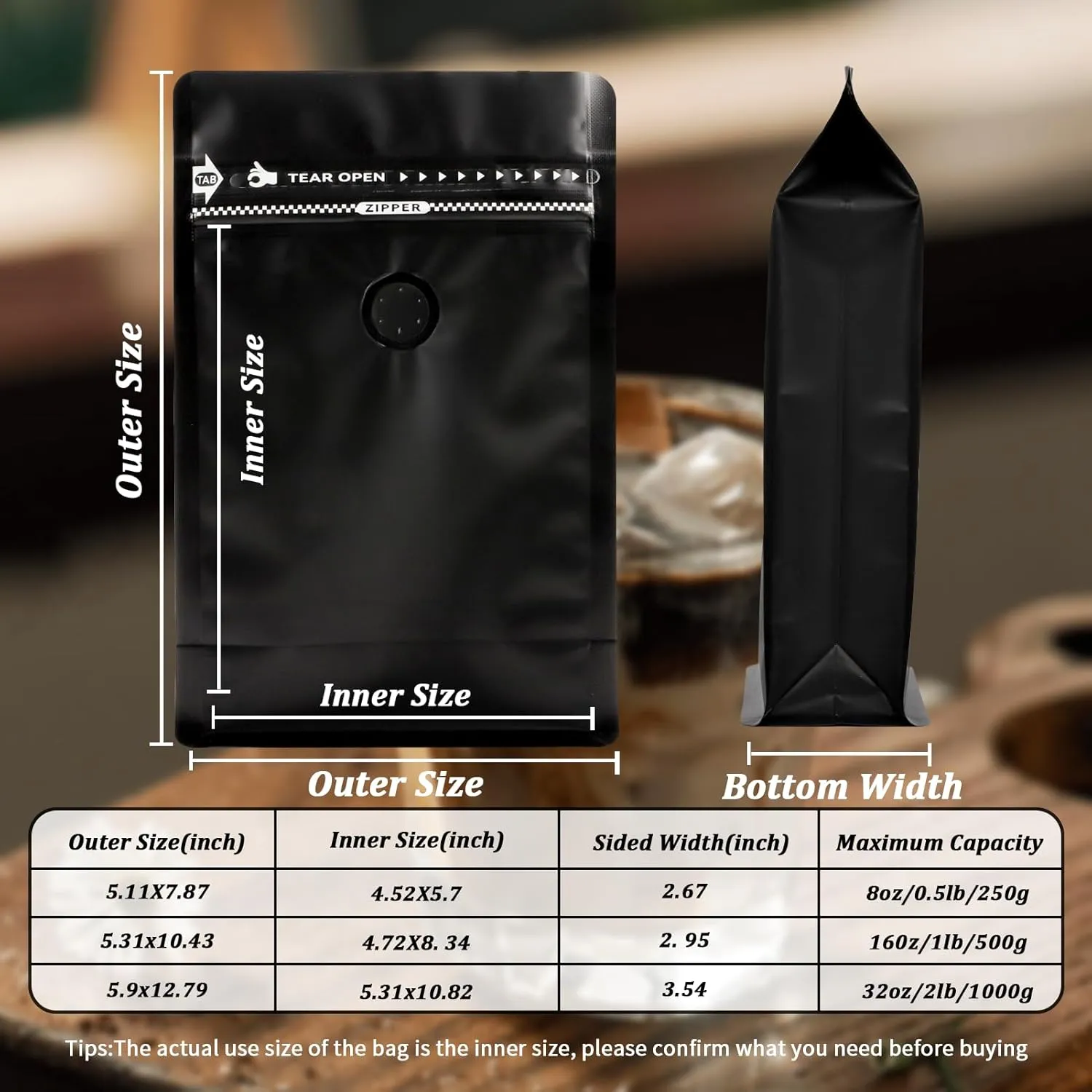 NEW Upgraded Coffee Bags with Valve (50 PCS, 8 oz/0.5 lb) Black High Barrier Aluminum Foil Flat Bottom Standing Coffee Bean Storage Bags, Reusable Heat Seal Side Zipper Pouches for Home and Store