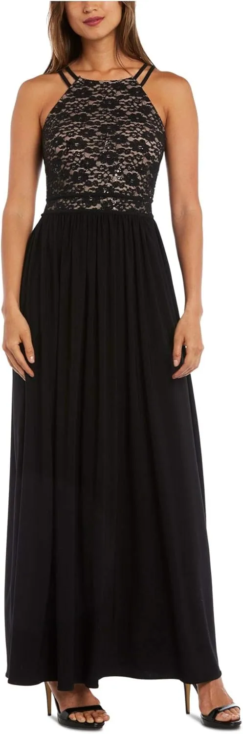 Nightway Womens Lace-Top A-Line Gown Dress