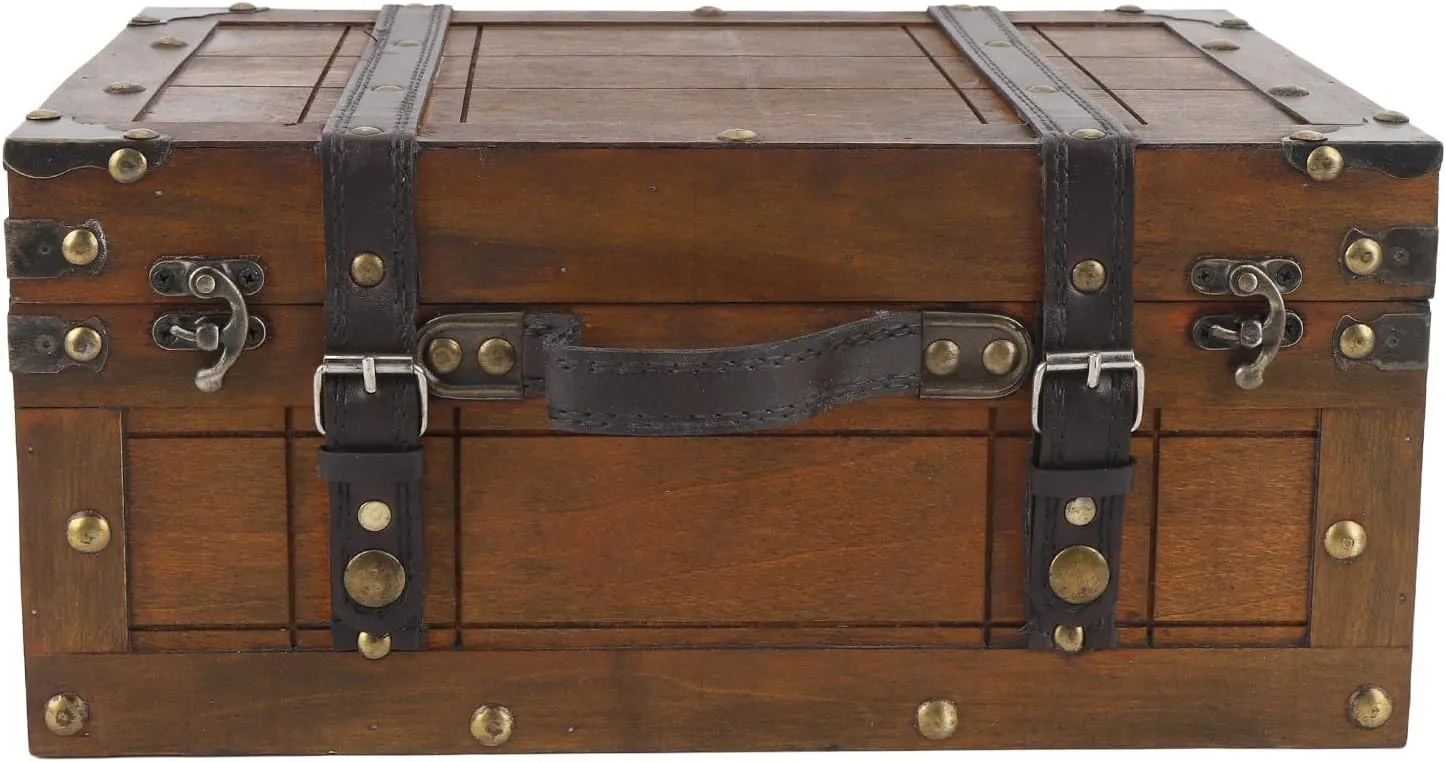 Note Wooden Handbag Vintage Storage Suitcase, Elegant Photo Frequoisite, PU Leather Transport Handle, Compound Wood Case (Large)