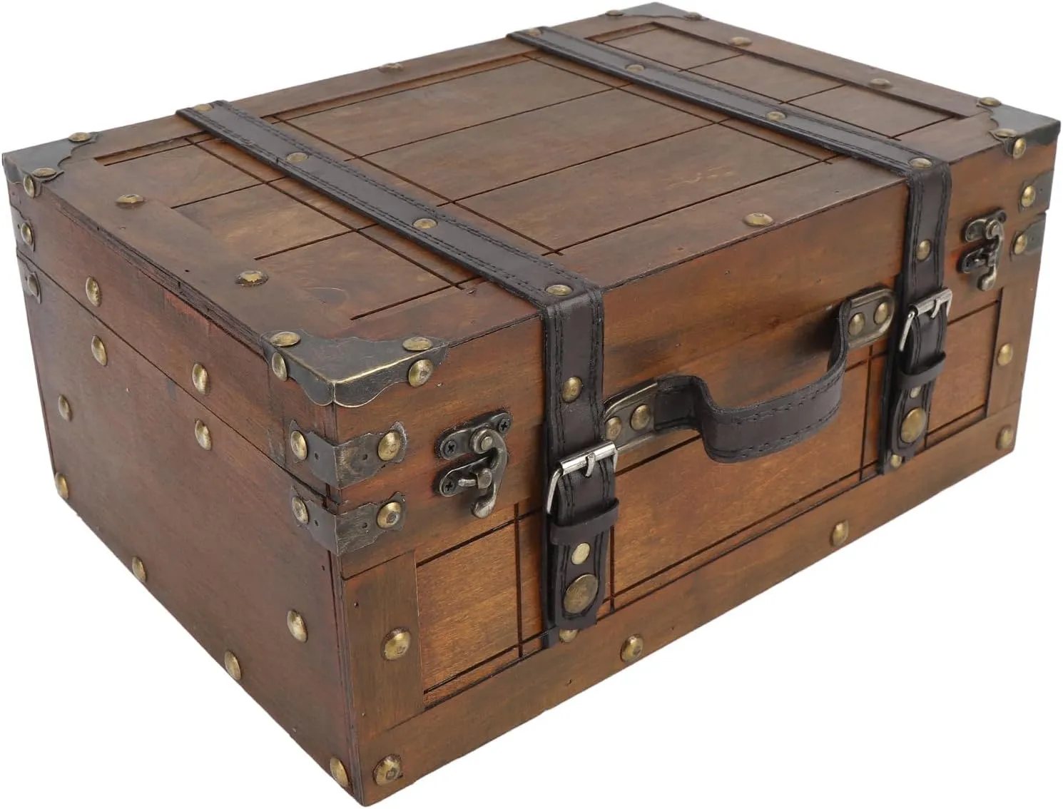 Note Wooden Handbag Vintage Storage Suitcase, Elegant Photo Frequoisite, PU Leather Transport Handle, Compound Wood Case (Large)