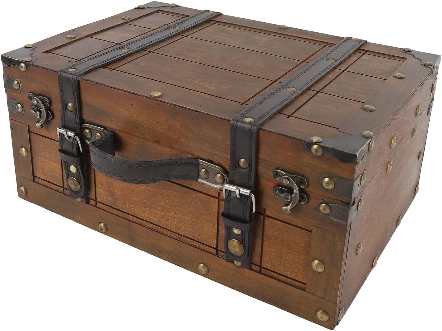 Note Wooden Handbag Vintage Storage Suitcase, Elegant Photo Frequoisite, PU Leather Transport Handle, Compound Wood Case (Large)