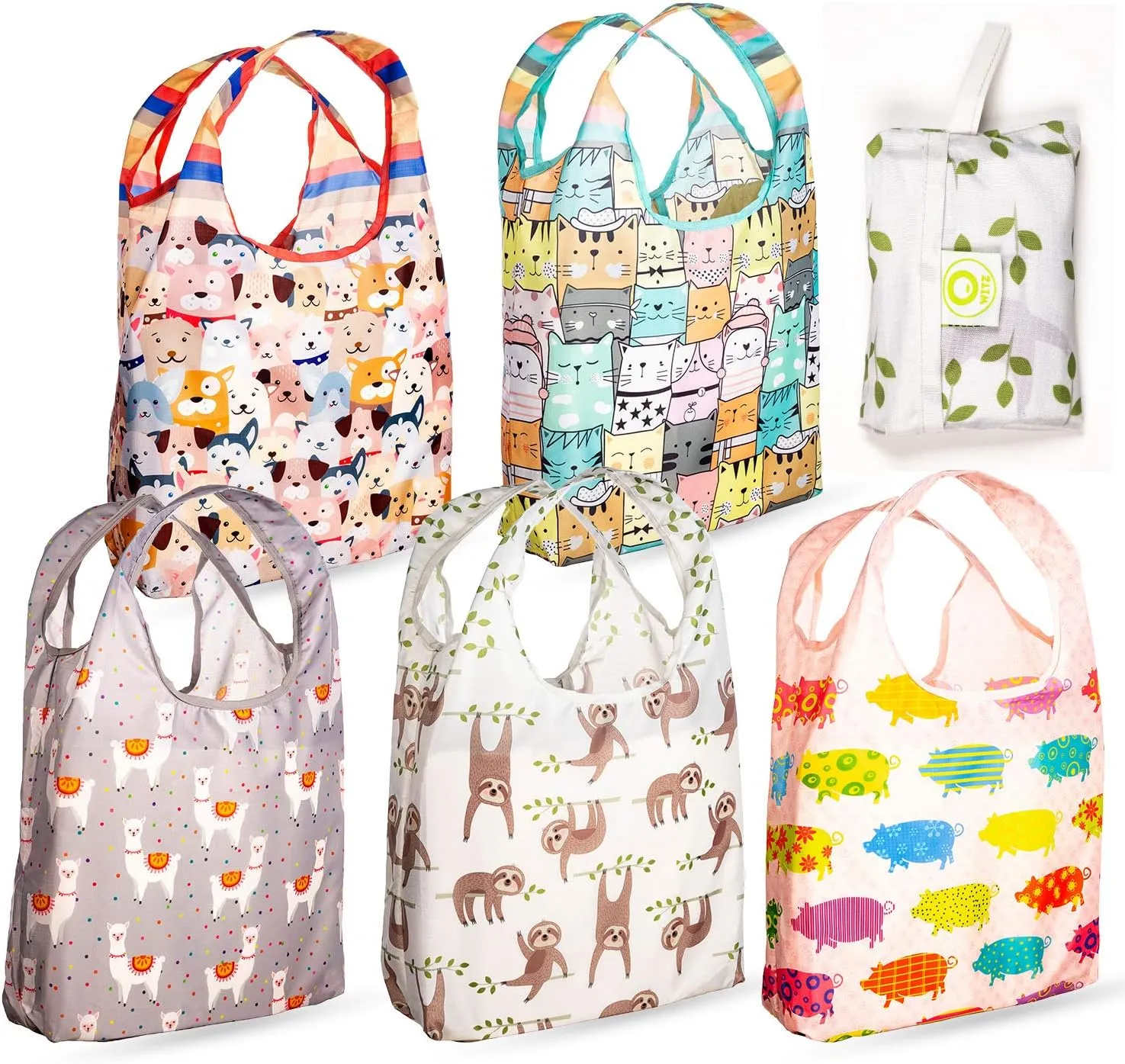 O-WITZ Reusable Grocery Bags | Vibrant Tote Bag For Groceries, Gym, Office, Beach & More | Washable Design With Large Handles For Maximum Convenience | Folds Into A Small Pouch, 5 Pack, Animals