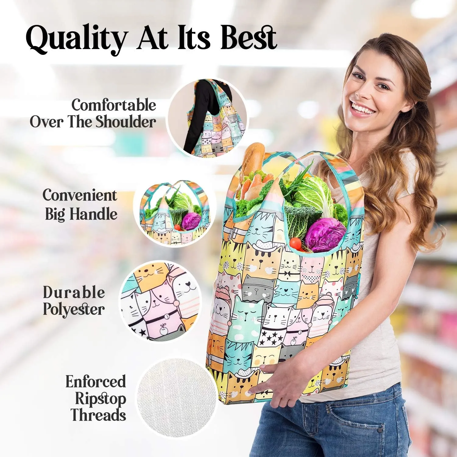 O-WITZ Reusable Grocery Bags | Vibrant Tote Bag For Groceries, Gym, Office, Beach & More | Washable Design With Large Handles For Maximum Convenience | Folds Into A Small Pouch, 5 Pack, Animals