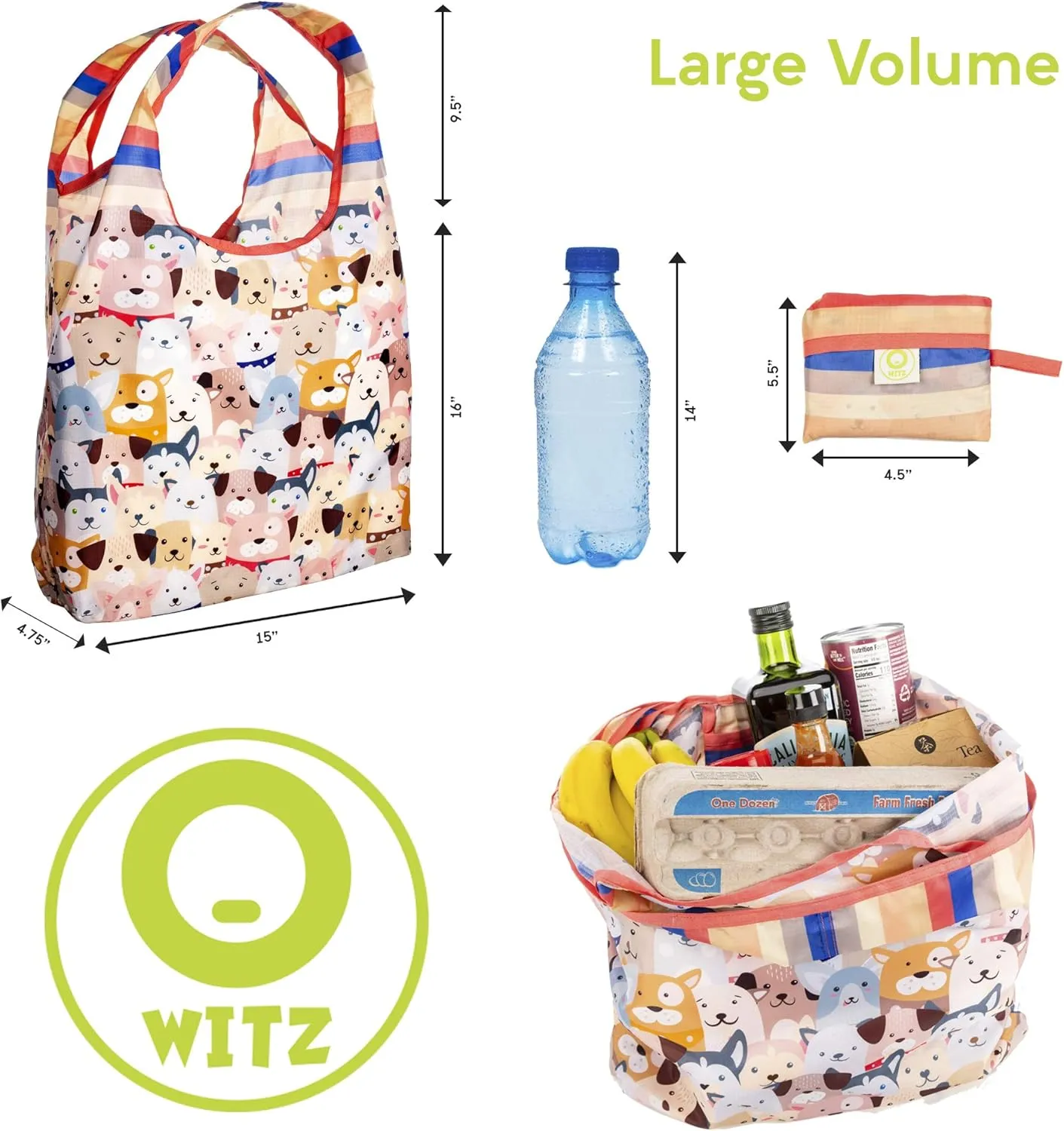 O-WITZ Reusable Grocery Bags | Vibrant Tote Bag For Groceries, Gym, Office, Beach & More | Washable Design With Large Handles For Maximum Convenience | Folds Into A Small Pouch, 5 Pack, Animals