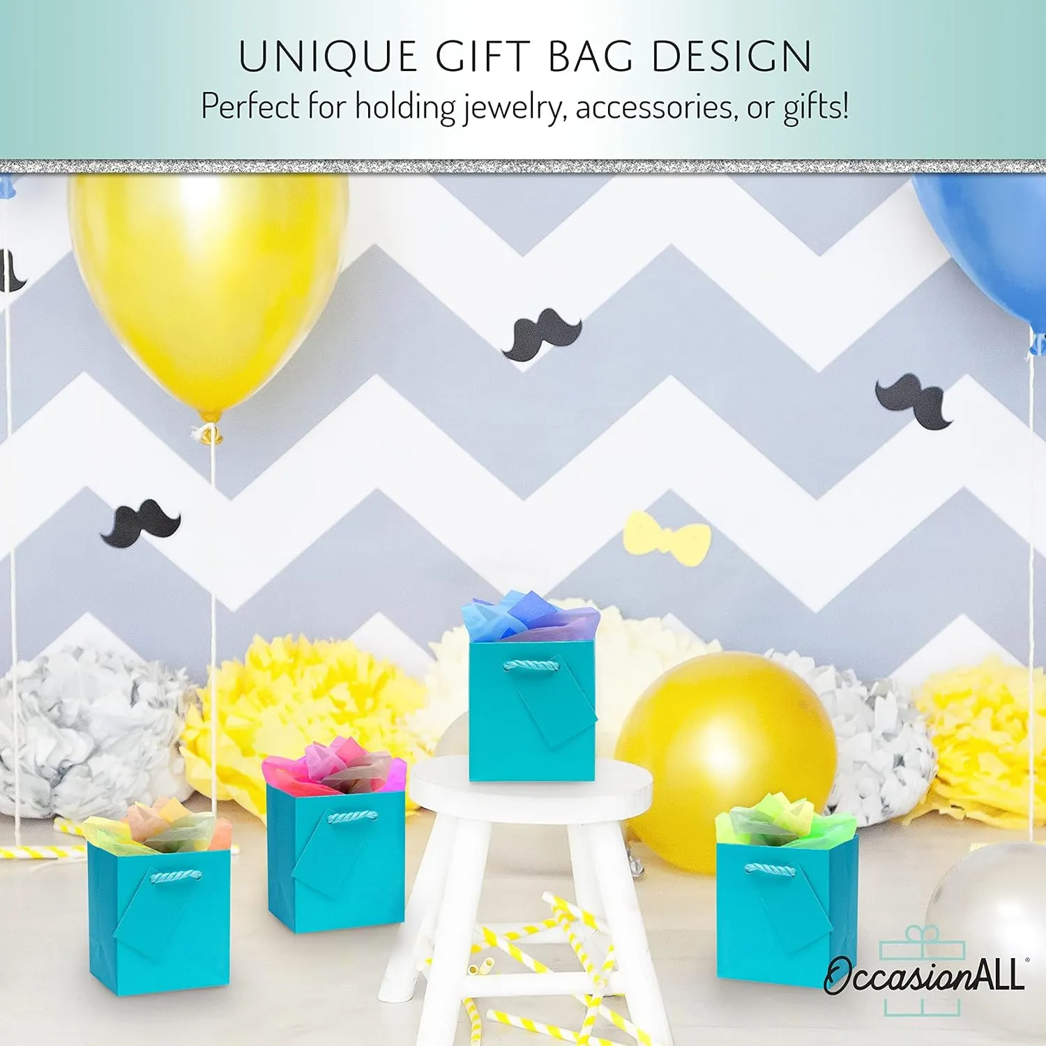 OccasionALL Teal Gift Bags with Handles, Mini Shopping Totes for Birthdays, Weddings, Party Favors, Showers, Small Business, Bulk, 4x2.75x4.5 12 Pack