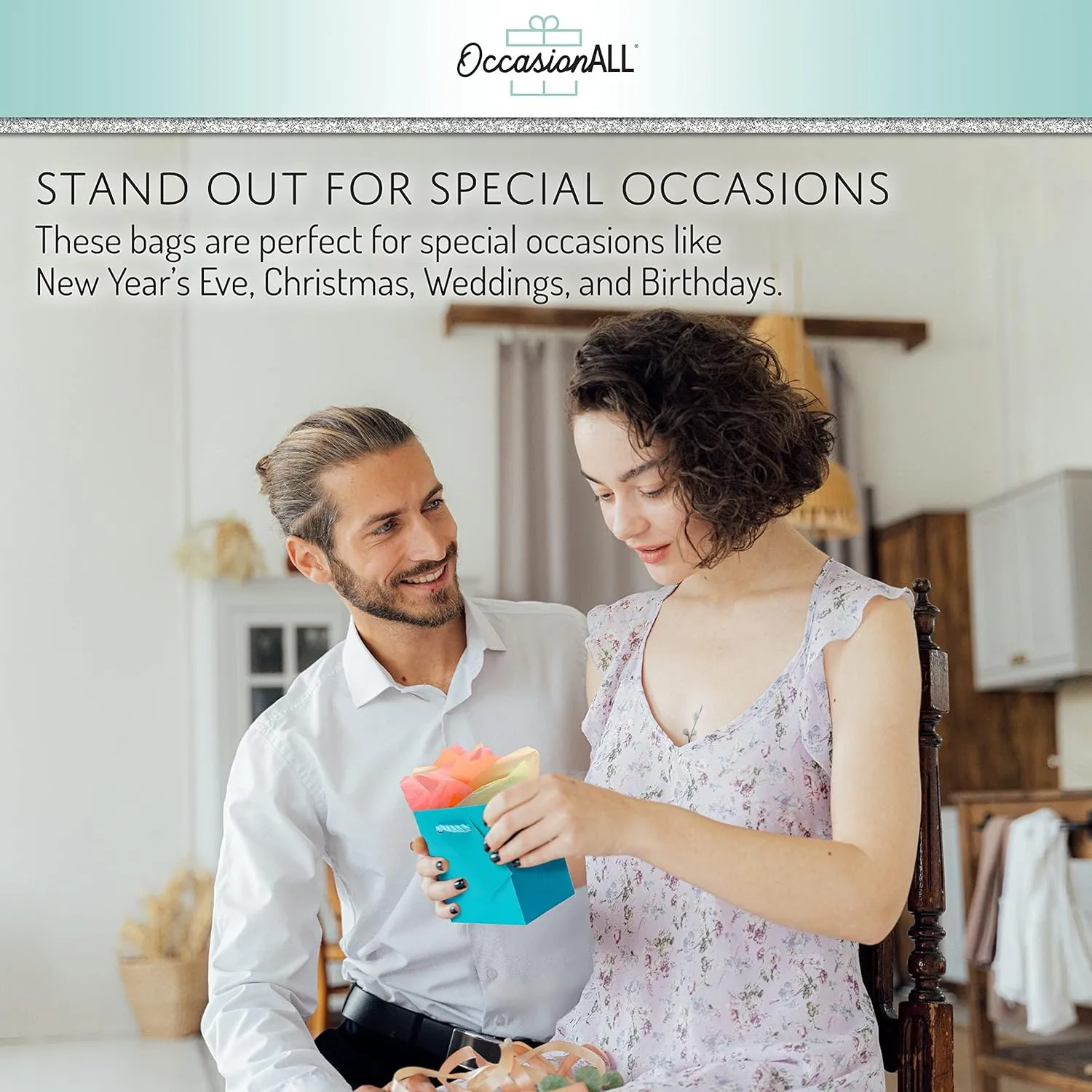 OccasionALL Teal Gift Bags with Handles, Mini Shopping Totes for Birthdays, Weddings, Party Favors, Showers, Small Business, Bulk, 4x2.75x4.5 12 Pack