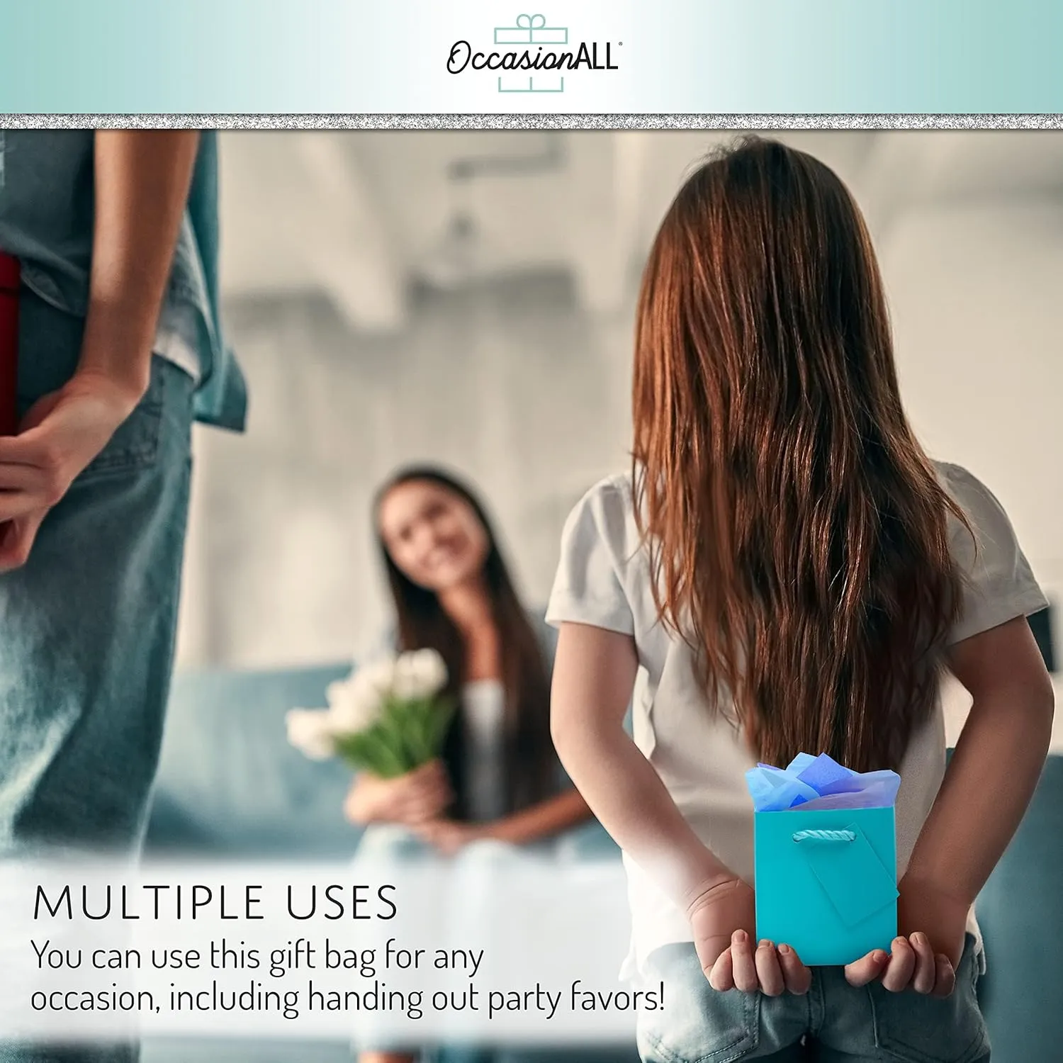 OccasionALL Teal Gift Bags with Handles, Mini Shopping Totes for Birthdays, Weddings, Party Favors, Showers, Small Business, Bulk, 4x2.75x4.5 12 Pack