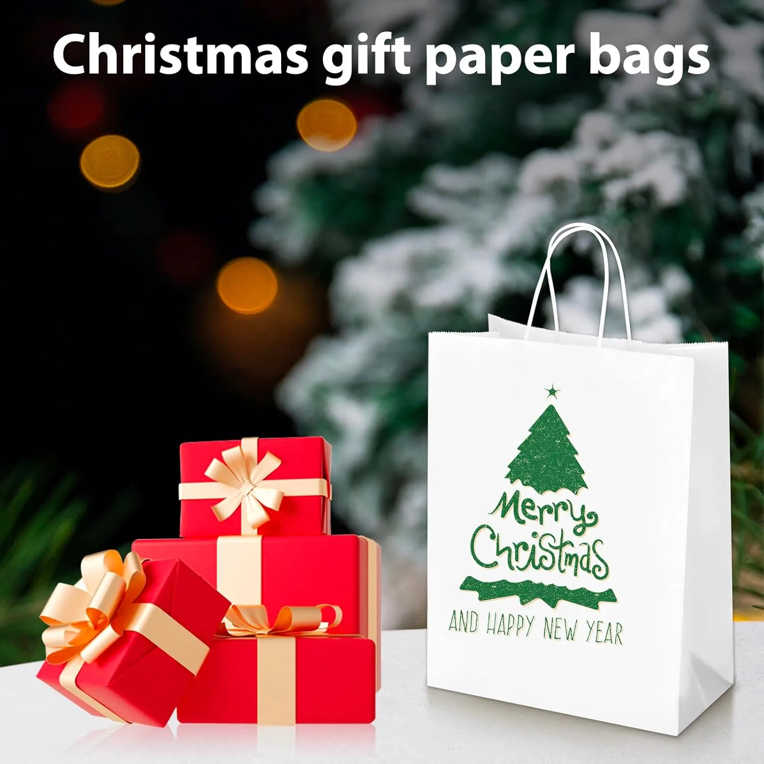 Oikss 100 Pack 10x5x13 White Kraft Paper Bags with Handles Bulk for Birthday Party Favors Grocery Retail Shopping Business Goody Recycled Craft Gift Bags (Large Size, 100 Count)
