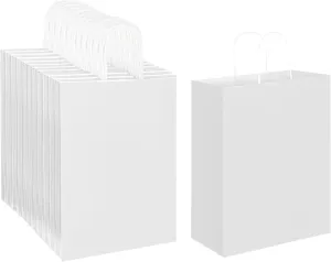 Oikss 100 Pack 10x5x13 White Kraft Paper Bags with Handles Bulk for Birthday Party Favors Grocery Retail Shopping Business Goody Recycled Craft Gift Bags (Large Size, 100 Count)