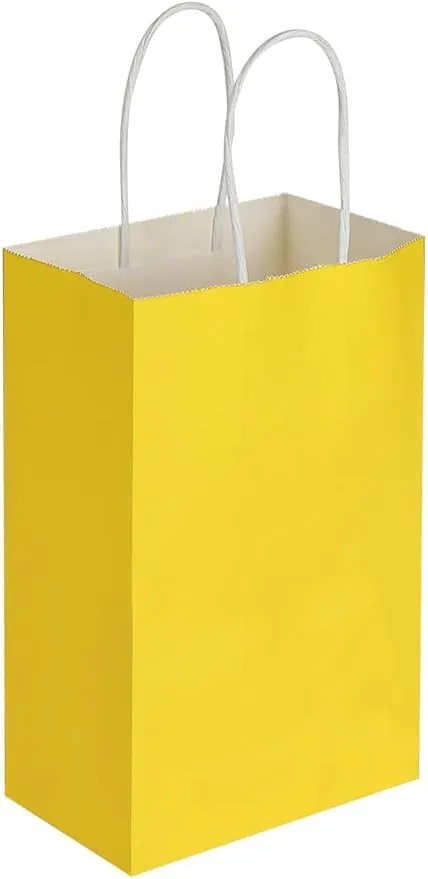 Oikss 100 Pack 5.25x3.25x8.25 Inch Small Yellow Kraft Paper Bags with Handles Bulk for Birthday Wedding Party Favors Grocery Retail Shopping Business Goody Craft Gift Bags Cub Sacks (100pcs Count)