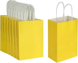 Oikss 100 Pack 5.25x3.25x8.25 Inch Small Yellow Kraft Paper Bags with Handles Bulk for Birthday Wedding Party Favors Grocery Retail Shopping Business Goody Craft Gift Bags Cub Sacks (100pcs Count)