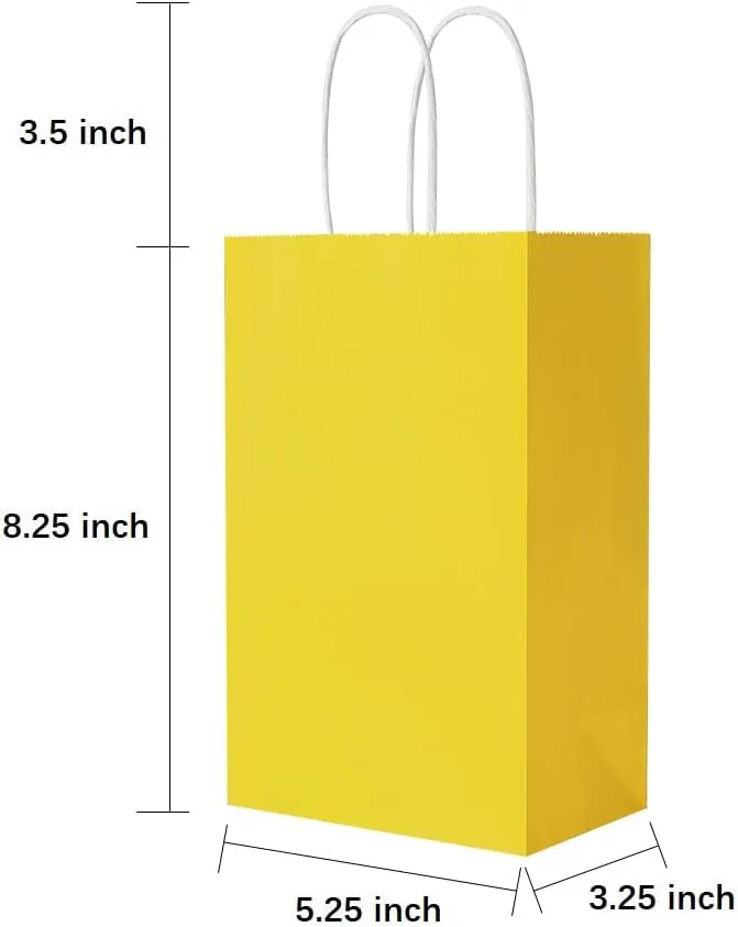 Oikss 100 Pack 5.25x3.25x8.25 Inch Small Yellow Kraft Paper Bags with Handles Bulk for Birthday Wedding Party Favors Grocery Retail Shopping Business Goody Craft Gift Bags Cub Sacks (100pcs Count)