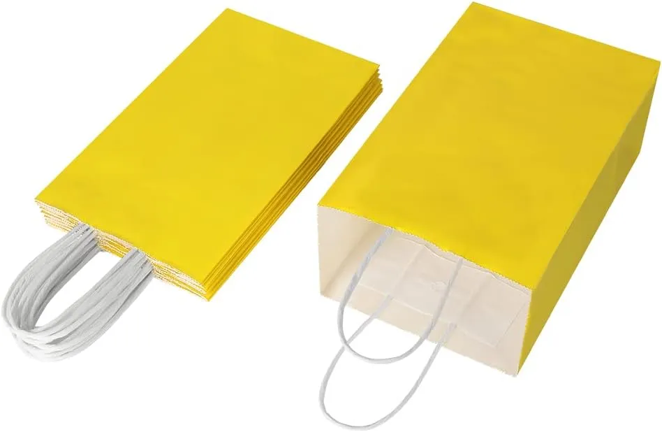 Oikss 100 Pack 5.25x3.25x8.25 Inch Small Yellow Kraft Paper Bags with Handles Bulk for Birthday Wedding Party Favors Grocery Retail Shopping Business Goody Craft Gift Bags Cub Sacks (100pcs Count)