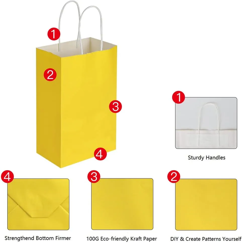 Oikss 100 Pack 5.25x3.25x8.25 Inch Small Yellow Kraft Paper Bags with Handles Bulk for Birthday Wedding Party Favors Grocery Retail Shopping Business Goody Craft Gift Bags Cub Sacks (100pcs Count)