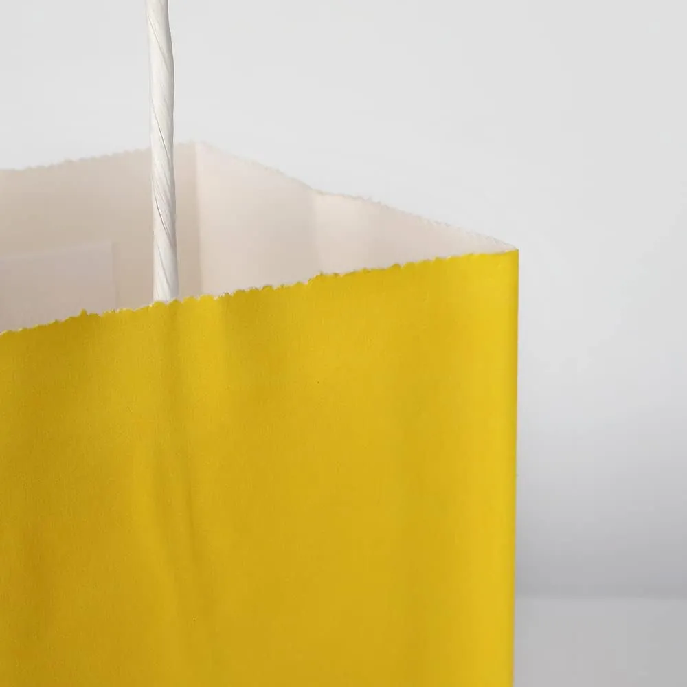 Oikss 100 Pack 5.25x3.25x8.25 Inch Small Yellow Kraft Paper Bags with Handles Bulk for Birthday Wedding Party Favors Grocery Retail Shopping Business Goody Craft Gift Bags Cub Sacks (100pcs Count)