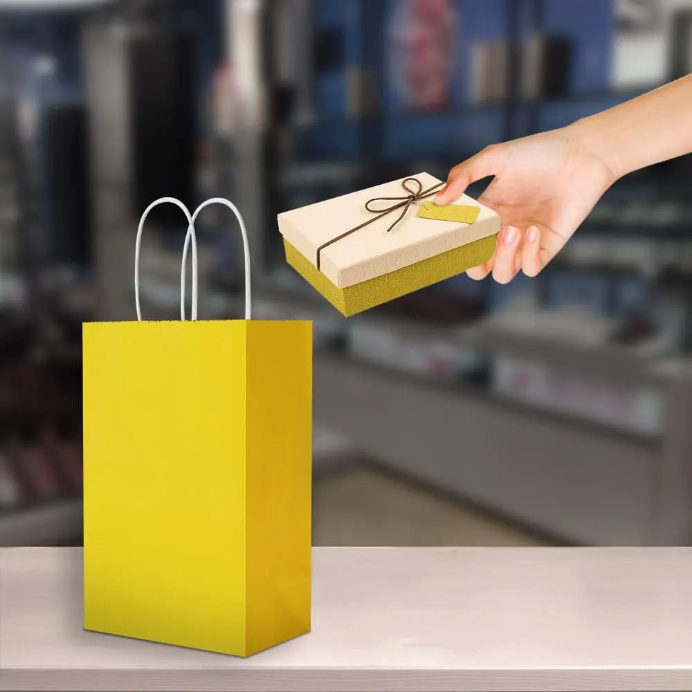 Oikss 100 Pack 5.25x3.25x8.25 Inch Small Yellow Kraft Paper Bags with Handles Bulk for Birthday Wedding Party Favors Grocery Retail Shopping Business Goody Craft Gift Bags Cub Sacks (100pcs Count)