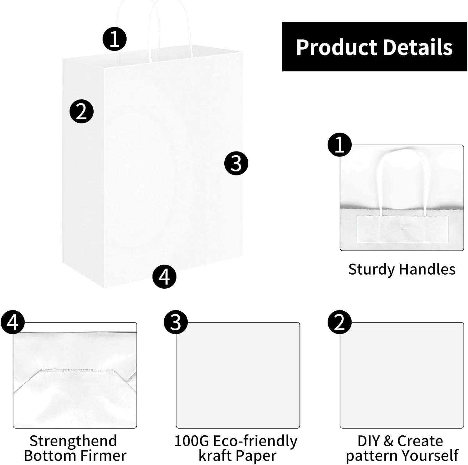 Oikss 50 Pack 10x5x13 White Kraft Paper Bags with Handles Bulk for Birthday Party Favors Grocery Retail Shopping Business Goody Recycled Craft Gift Bags (Large Size, 50 Count)