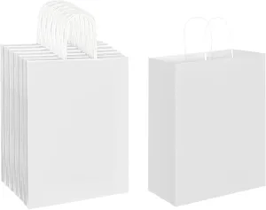 Oikss 50 Pack 10x5x13 White Kraft Paper Bags with Handles Bulk for Birthday Party Favors Grocery Retail Shopping Business Goody Recycled Craft Gift Bags (Large Size, 50 Count)