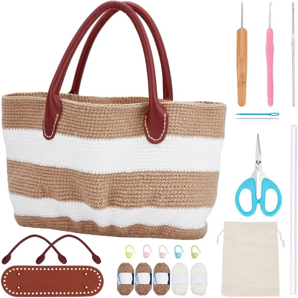 ORIGACH DIY Crochet Handbag Kit for Beginners, Khaki Striped Crochet Bag with PU Leather Band and Base, Complete Crochet Set to Make a Bag, Include Yarn, Crochet Hooks, Markers and Instruction