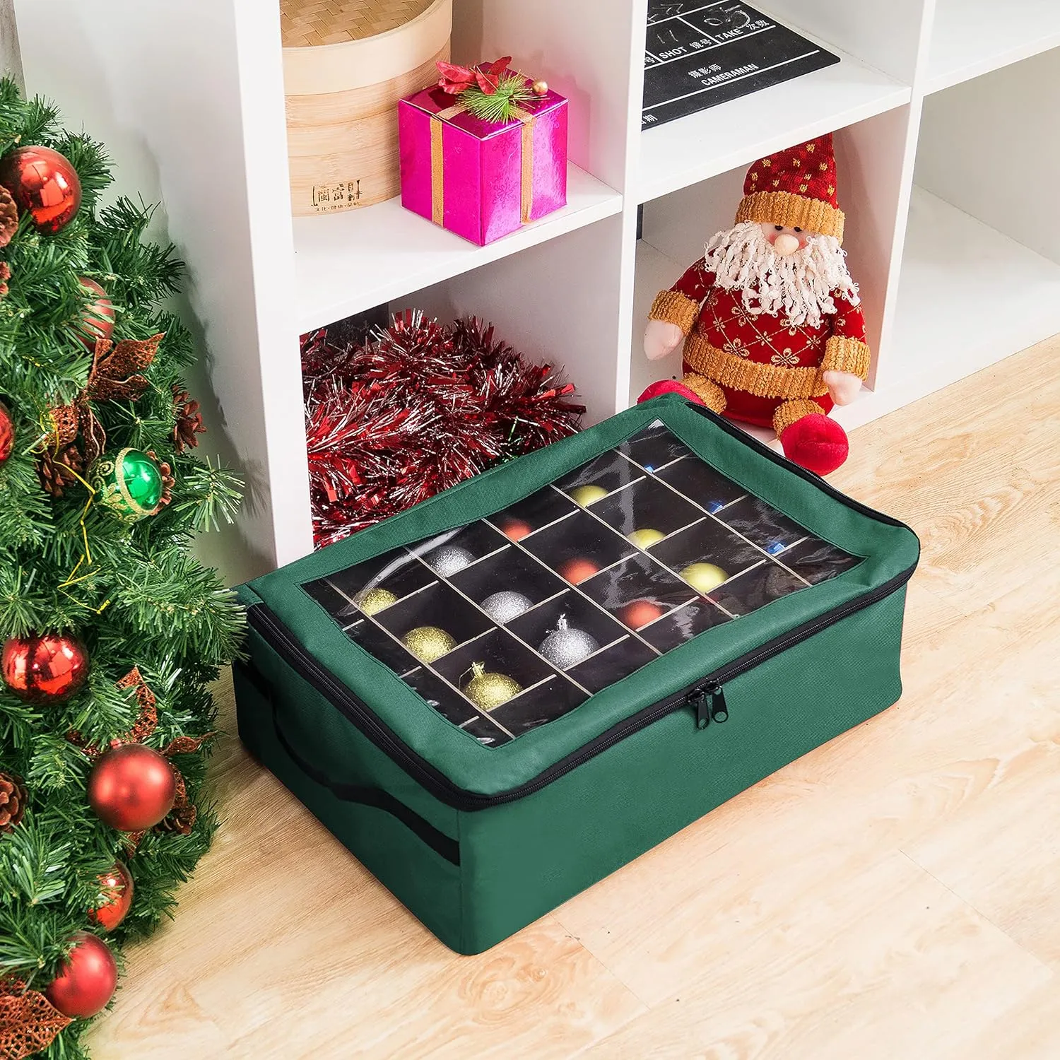 Ornament Storage Box - Zippered Organizer with 48 Individual Compartments and Dividers for Christmas Bulbs and Decorations by Tiny Tim Totes (Green)