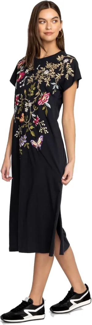 Osaka Relaxed Knit Dress Cotton Embroidery Red Flowers Black New