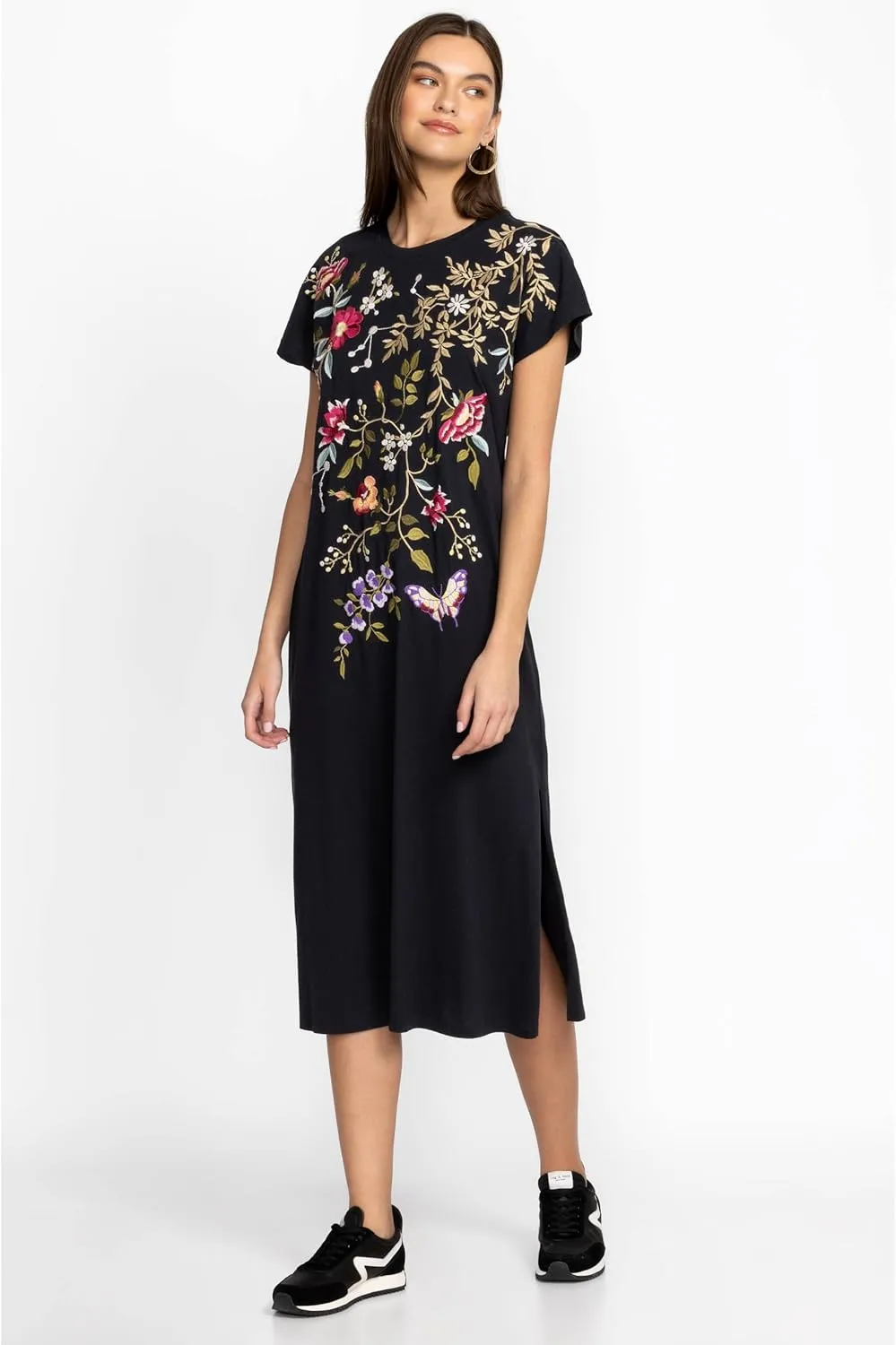Osaka Relaxed Knit Dress Cotton Embroidery Red Flowers Black New