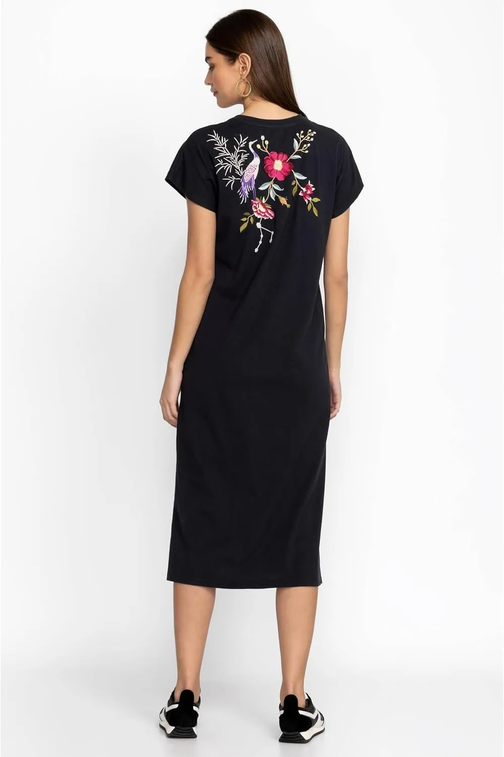 Osaka Relaxed Knit Dress Cotton Embroidery Red Flowers Black New