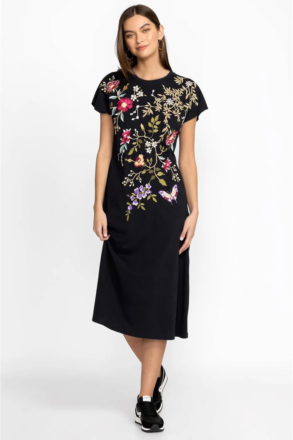 Osaka Relaxed Knit Dress Cotton Embroidery Red Flowers Black New