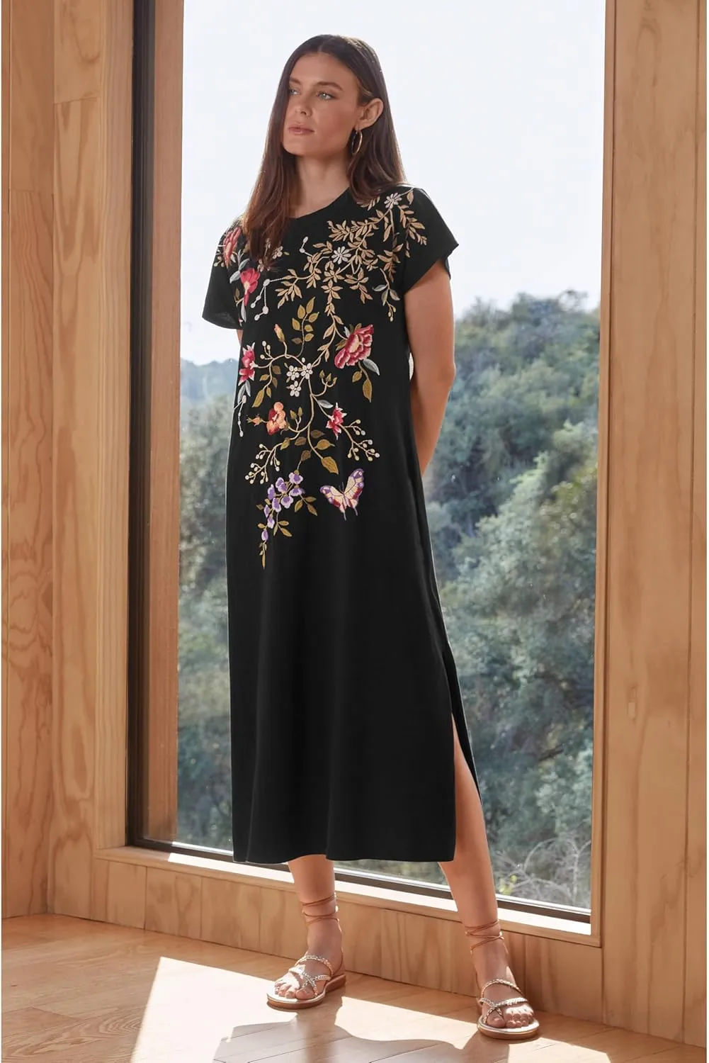 Osaka Relaxed Knit Dress Cotton Embroidery Red Flowers Black New
