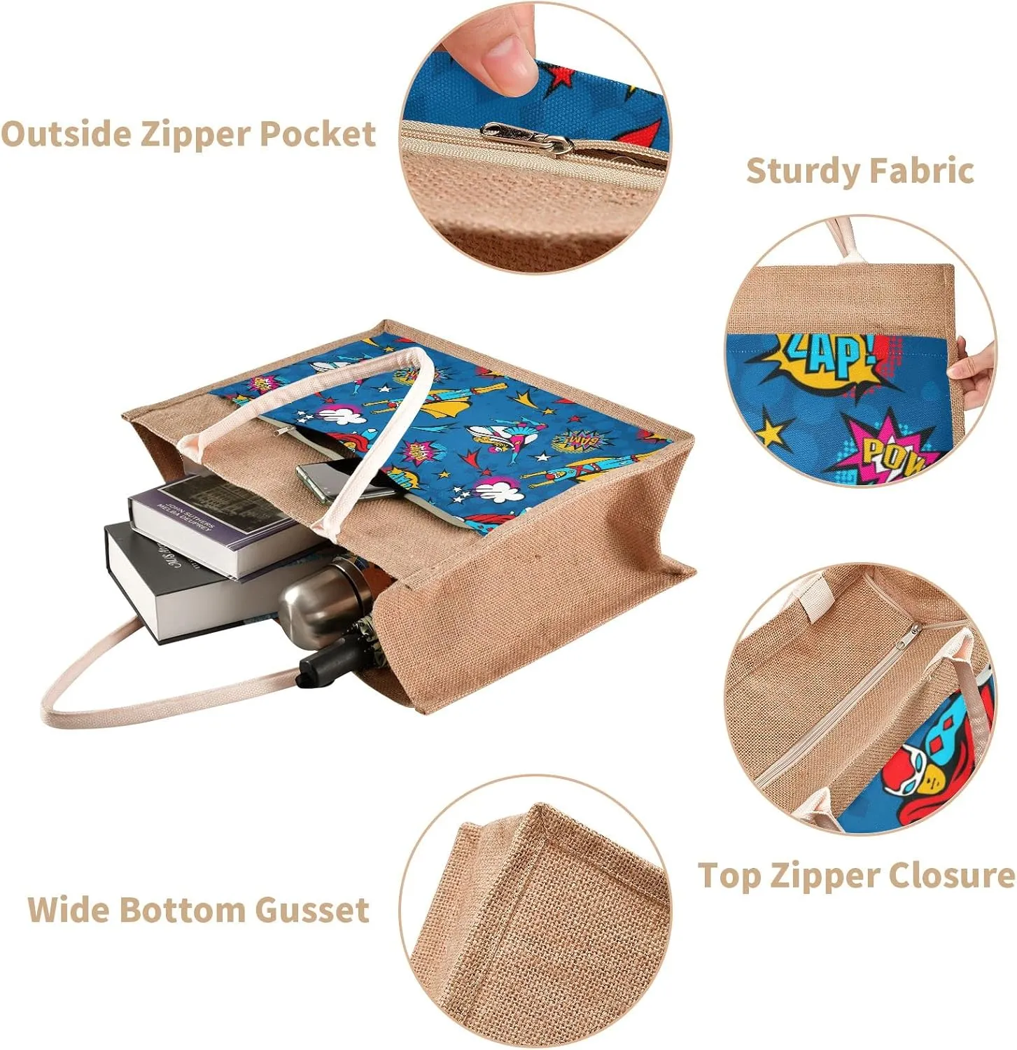 Oyihfvs Durable Burlap Bag with Handles, Zipper Jute Tote Reusable Bag Waterproof Lining for Shopping Work Travel beach