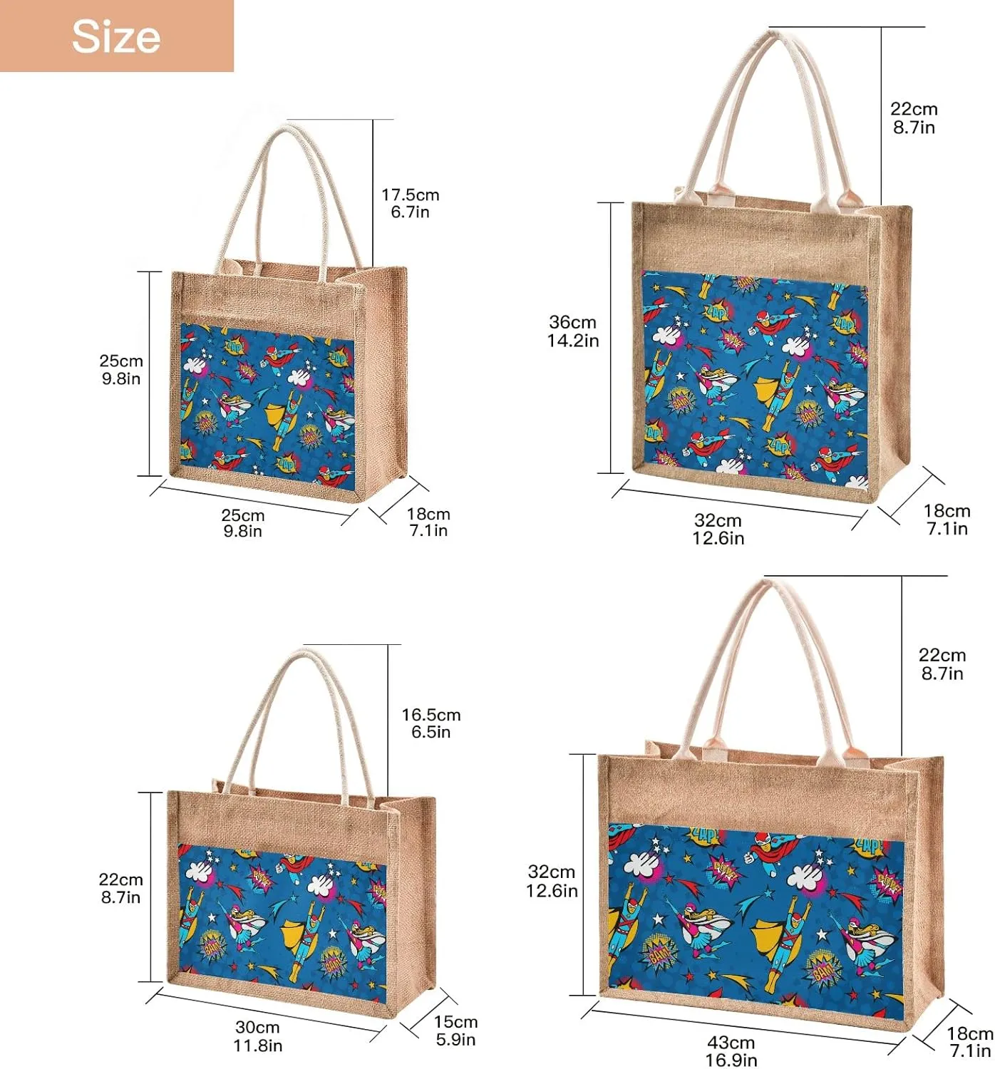 Oyihfvs Durable Burlap Bag with Handles, Zipper Jute Tote Reusable Bag Waterproof Lining for Shopping Work Travel beach