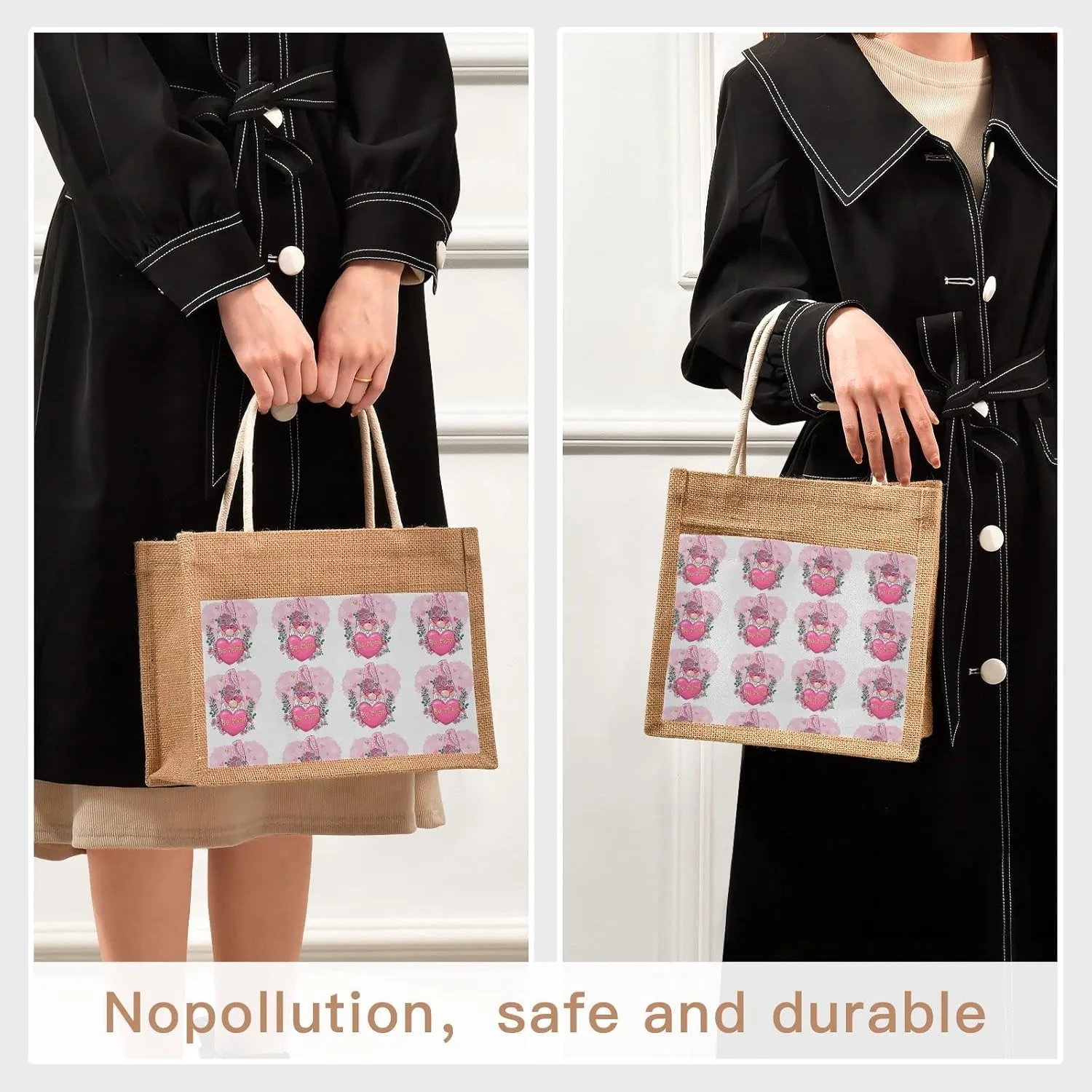 Oyihfvs Durable Burlap Bag with Handles, Zipper Jute Tote Reusable Bag Waterproof Lining for Shopping Work Travel beach