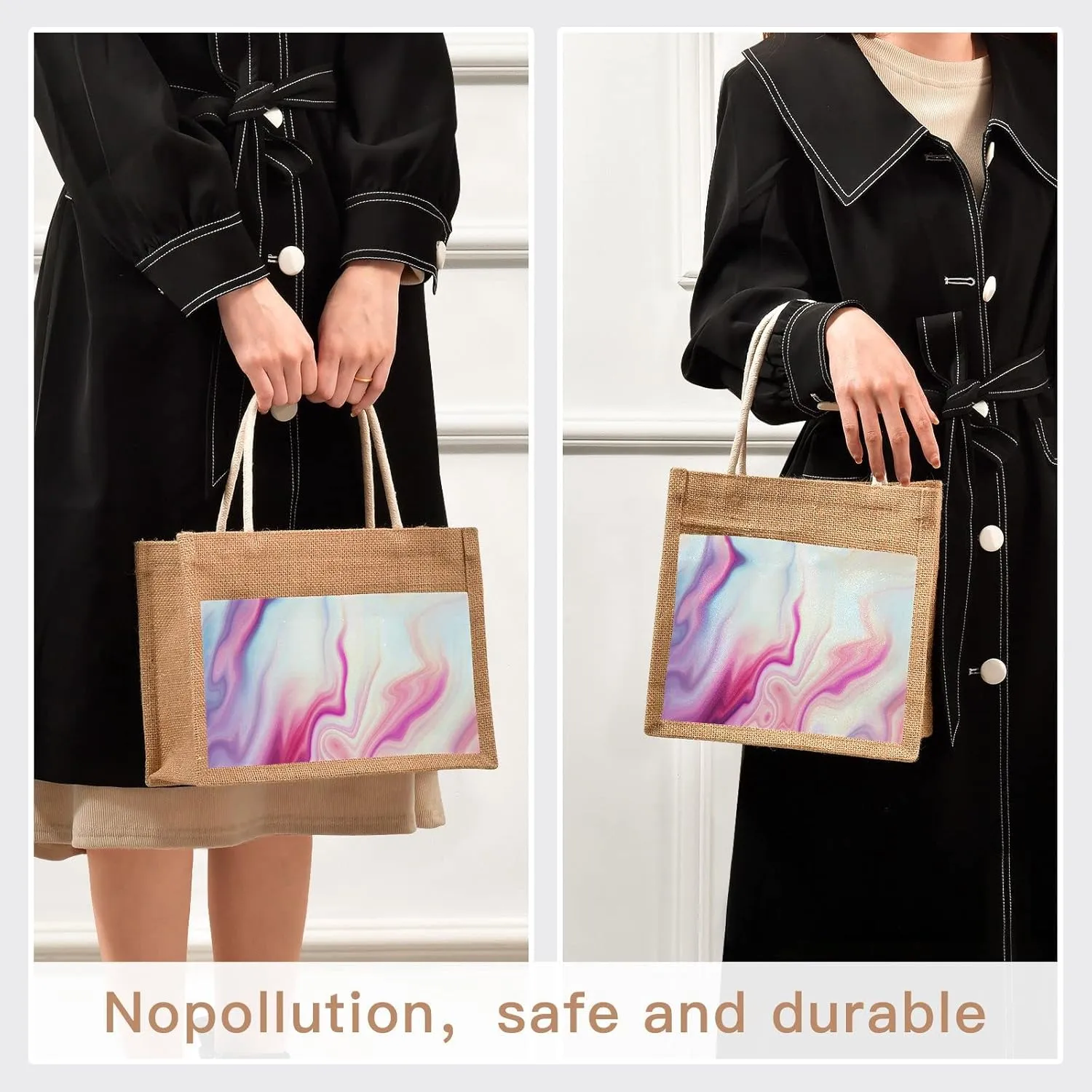 Oyihfvs Durable Burlap Bag with Handles, Zipper Jute Tote Reusable Bag Waterproof Lining for Shopping Work Travel beach