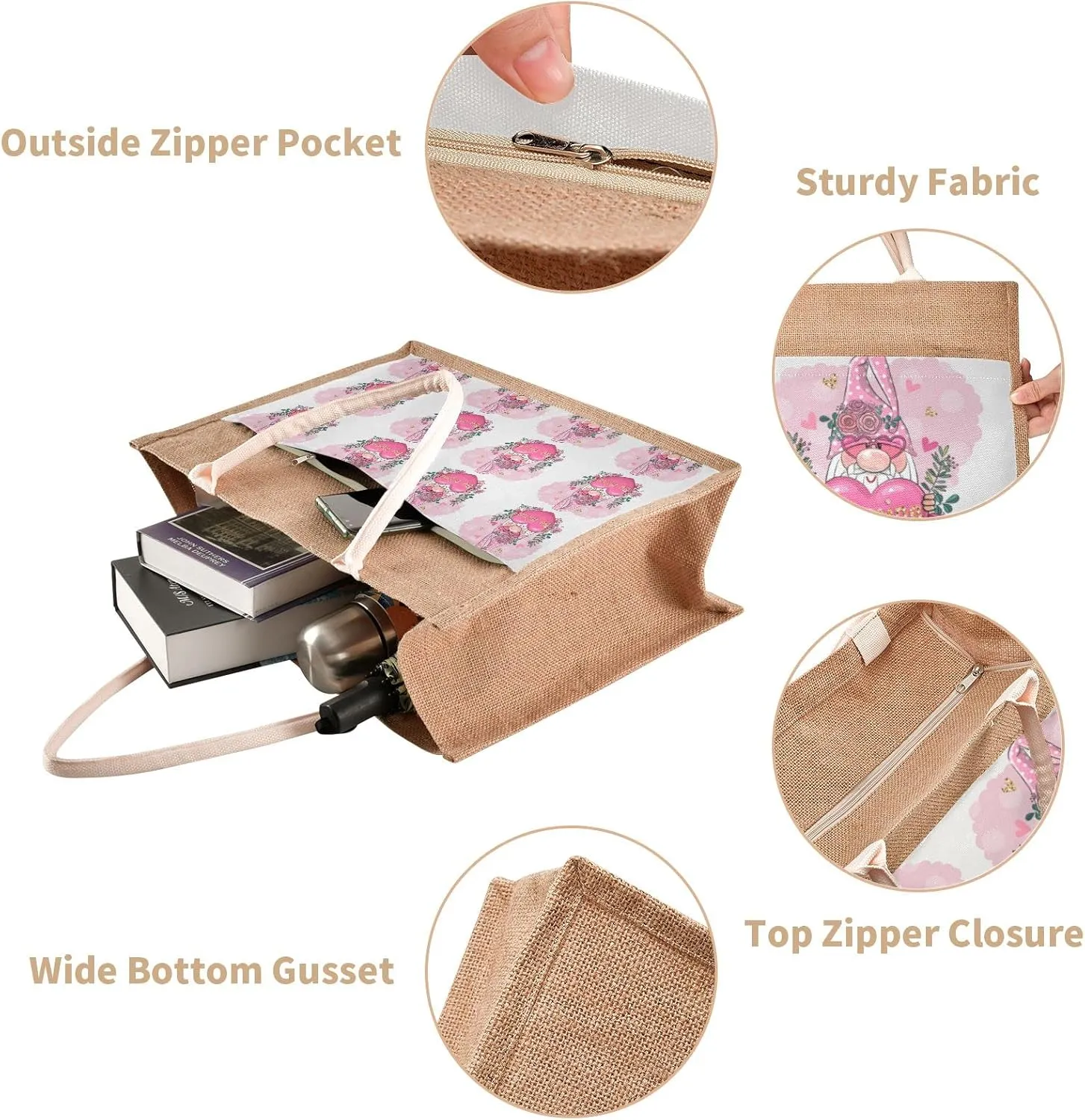 Oyihfvs Durable Burlap Bag with Handles, Zipper Jute Tote Reusable Bag Waterproof Lining for Shopping Work Travel beach