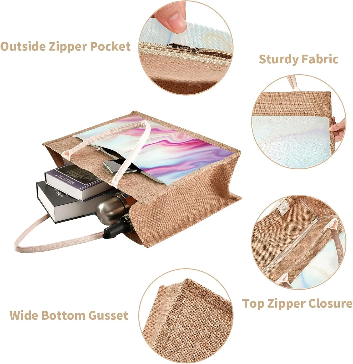 Oyihfvs Durable Burlap Bag with Handles, Zipper Jute Tote Reusable Bag Waterproof Lining for Shopping Work Travel beach