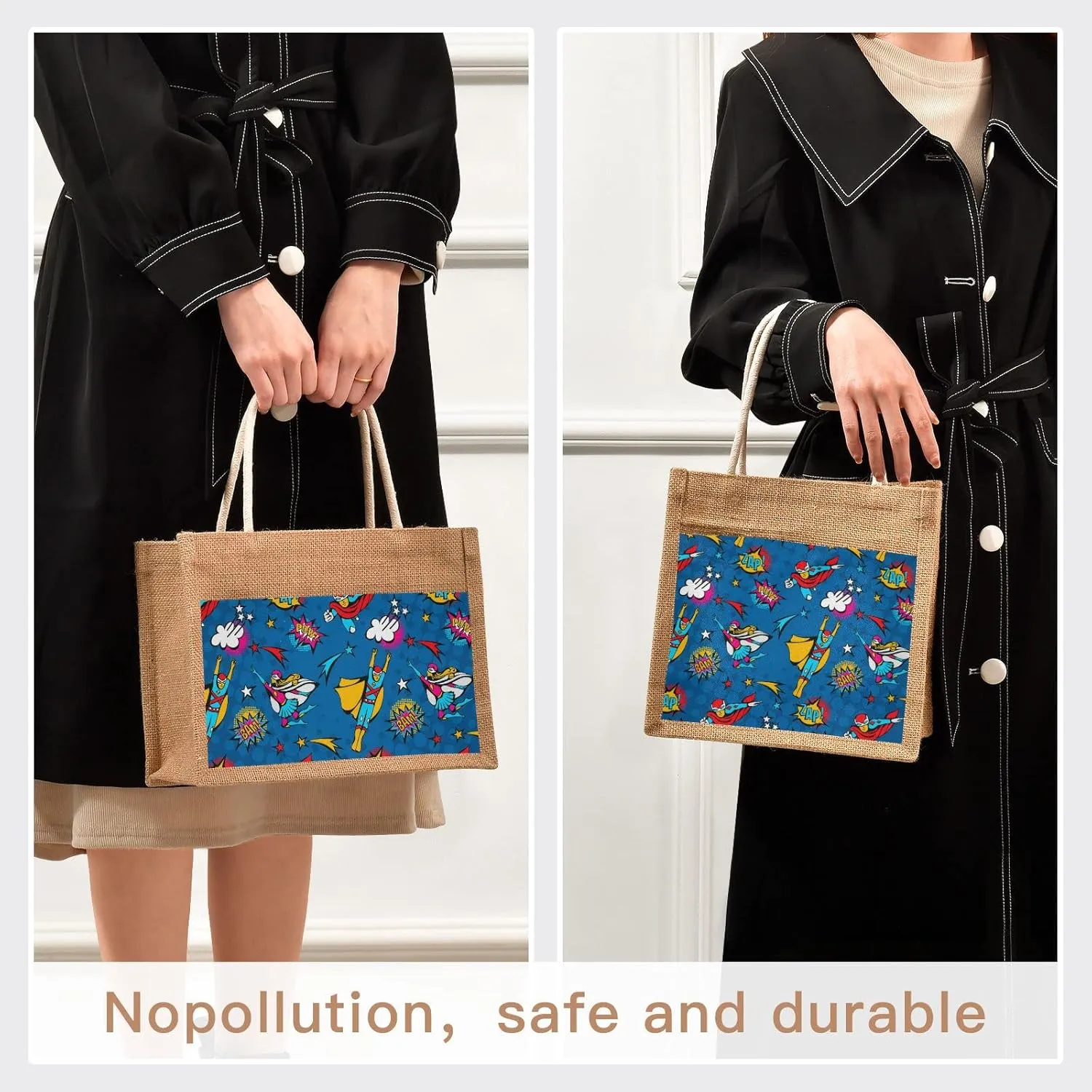 Oyihfvs Durable Burlap Bag with Handles, Zipper Jute Tote Reusable Bag Waterproof Lining for Shopping Work Travel beach
