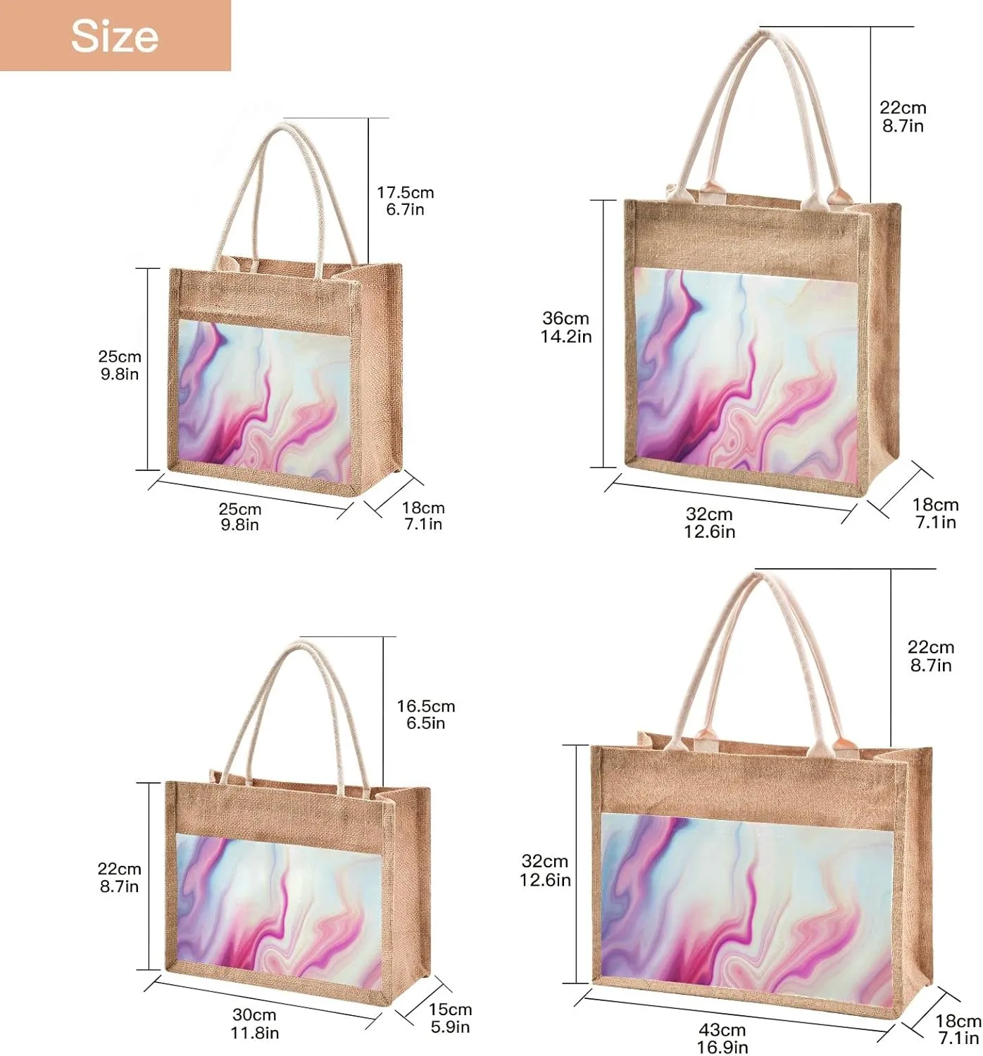 Oyihfvs Durable Burlap Bag with Handles, Zipper Jute Tote Reusable Bag Waterproof Lining for Shopping Work Travel beach