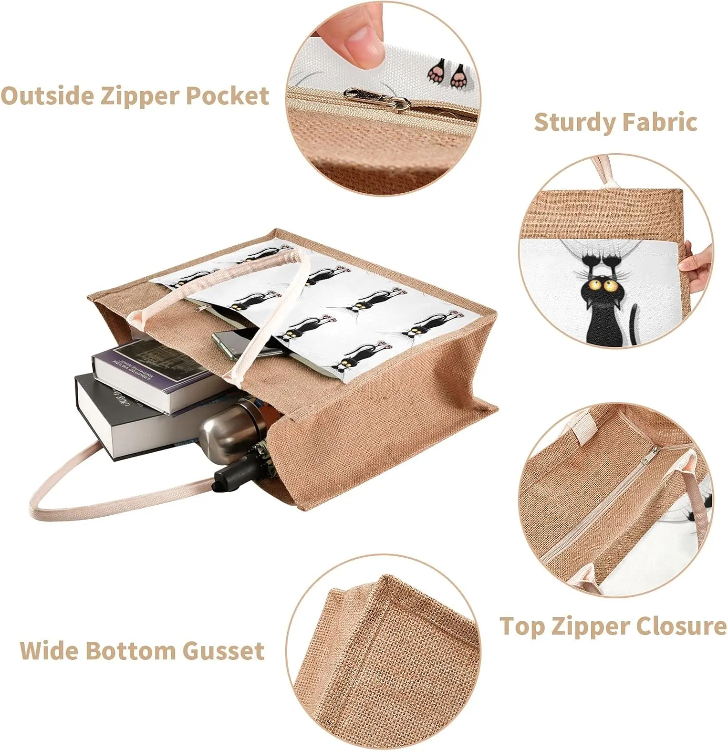 Oyihfvs Durable Burlap Bag with Handles, Zipper Jute Tote Reusable Bag Waterproof Lining for Shopping Work Travel beach