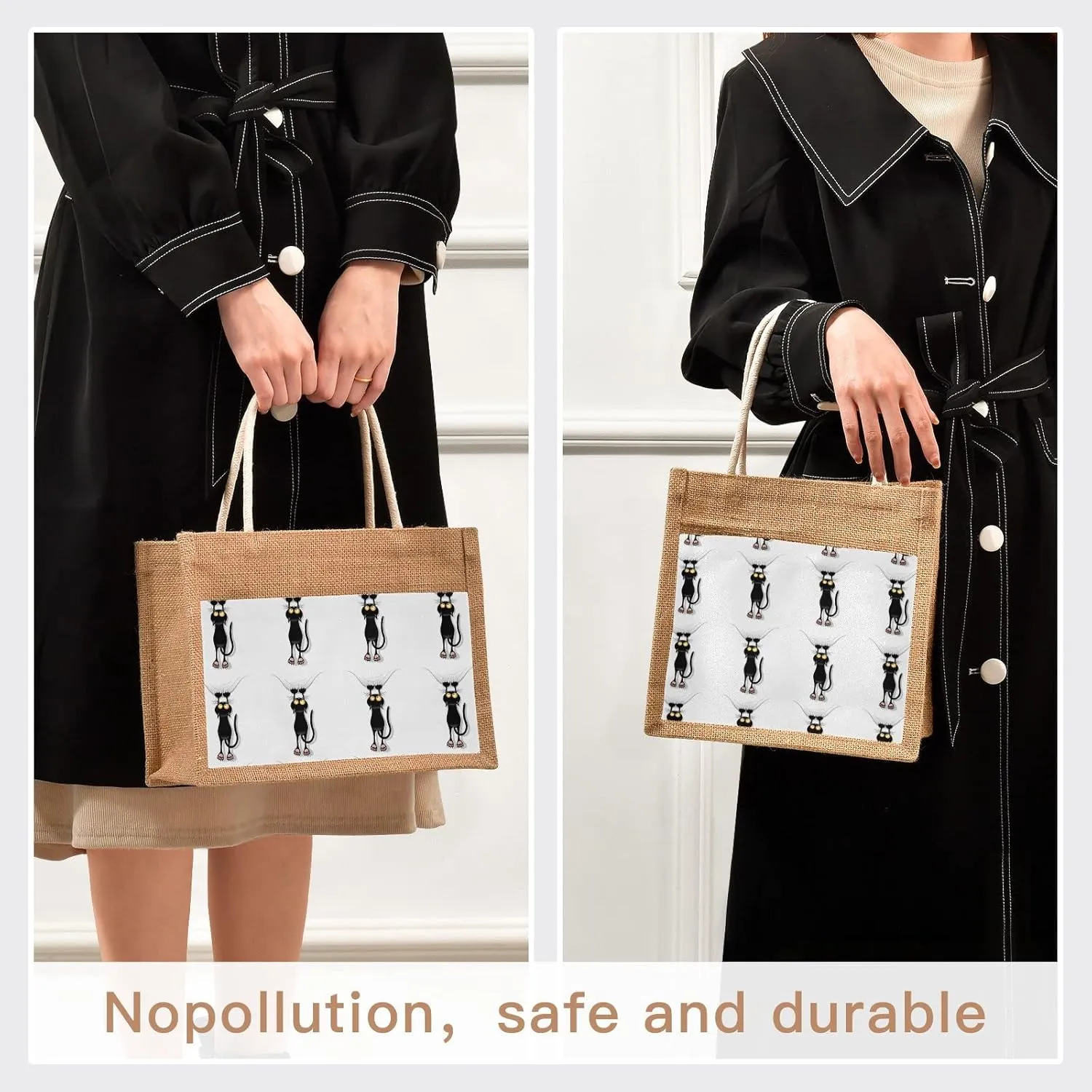 Oyihfvs Durable Burlap Bag with Handles, Zipper Jute Tote Reusable Bag Waterproof Lining for Shopping Work Travel beach