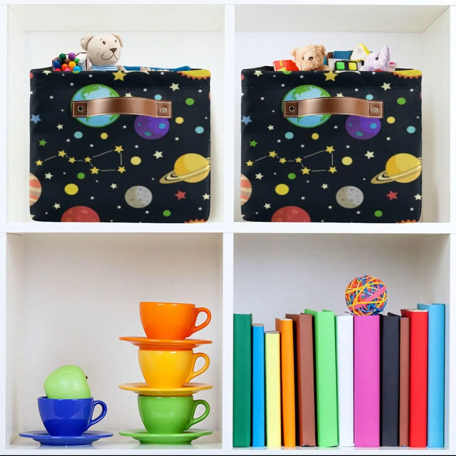 Oyihfvs Galaxy Space Seamless Colorful Planets Stars Comets on Black 2 PC Rectangle Storage Basket Collapsible Fabric with Leather Handles Bag Organizer Clothes for Home Bedroom 15 x 11 x 9.5 in