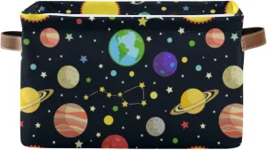 Oyihfvs Galaxy Space Seamless Colorful Planets Stars Comets on Black 2 PC Rectangle Storage Basket Collapsible Fabric with Leather Handles Bag Organizer Clothes for Home Bedroom 15 x 11 x 9.5 in