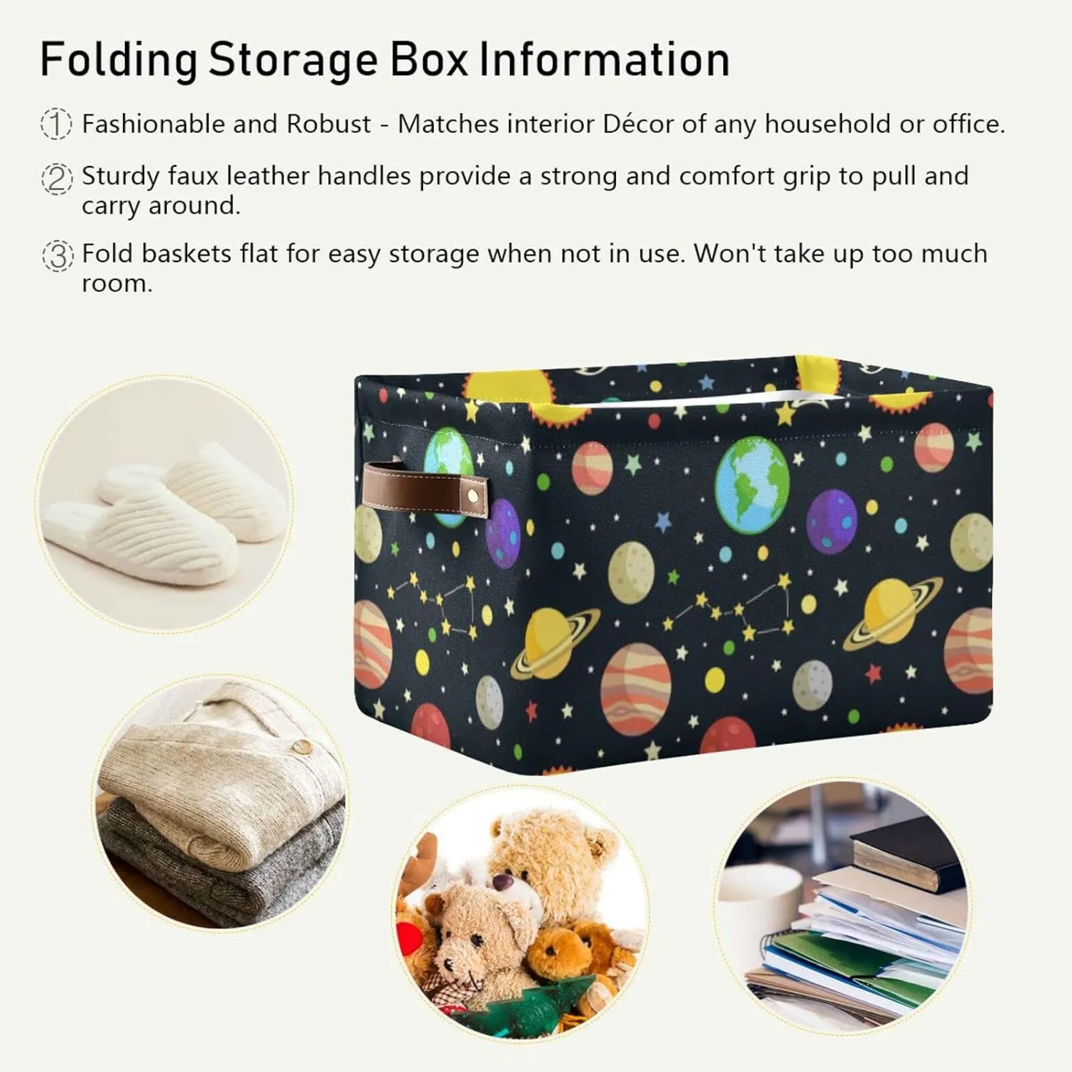 Oyihfvs Galaxy Space Seamless Colorful Planets Stars Comets on Black 2 PC Rectangle Storage Basket Collapsible Fabric with Leather Handles Bag Organizer Clothes for Home Bedroom 15 x 11 x 9.5 in