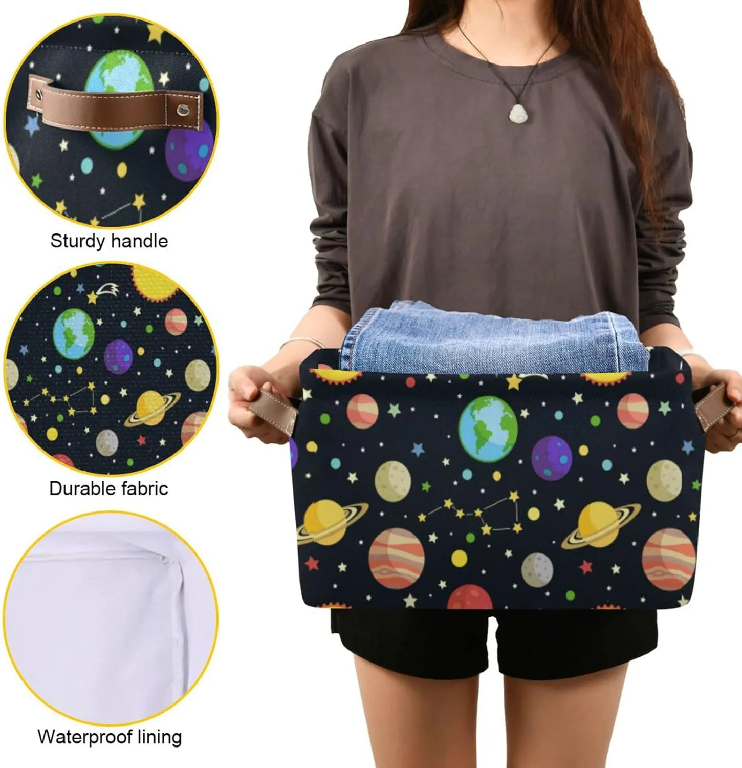 Oyihfvs Galaxy Space Seamless Colorful Planets Stars Comets on Black 2 PC Rectangle Storage Basket Collapsible Fabric with Leather Handles Bag Organizer Clothes for Home Bedroom 15 x 11 x 9.5 in