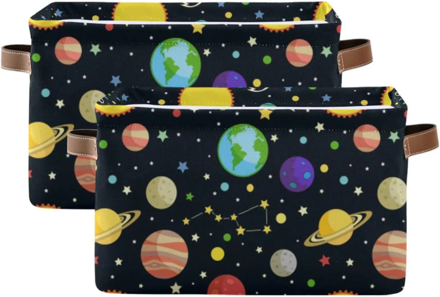 Oyihfvs Galaxy Space Seamless Colorful Planets Stars Comets on Black 2 PC Rectangle Storage Basket Collapsible Fabric with Leather Handles Bag Organizer Clothes for Home Bedroom 15 x 11 x 9.5 in