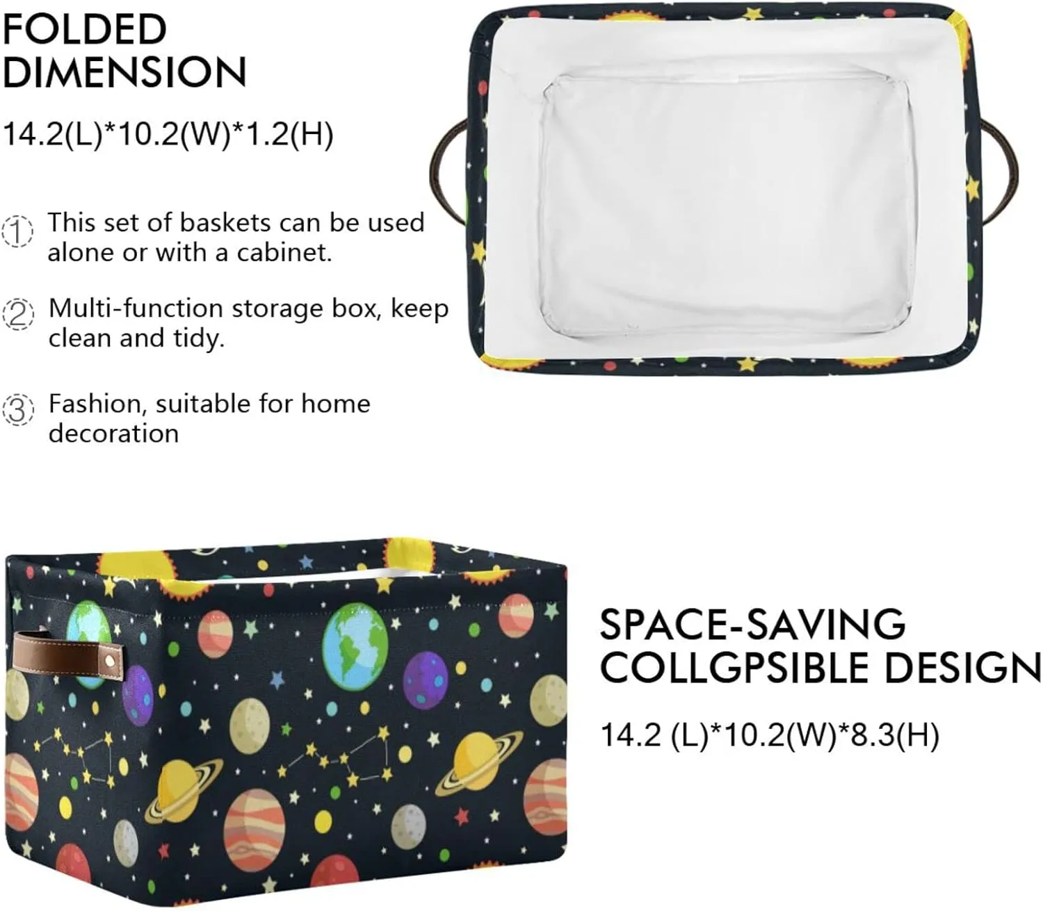 Oyihfvs Galaxy Space Seamless Colorful Planets Stars Comets on Black 2 PC Rectangle Storage Basket Collapsible Fabric with Leather Handles Bag Organizer Clothes for Home Bedroom 15 x 11 x 9.5 in
