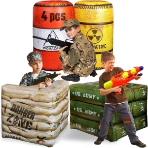 Package 4 Combat Battlefield Inflatables, Compatible with Nerf, Laser tag, Water Gun for Boys Birthday Party Activities and Decoration. [Premium Pack]
