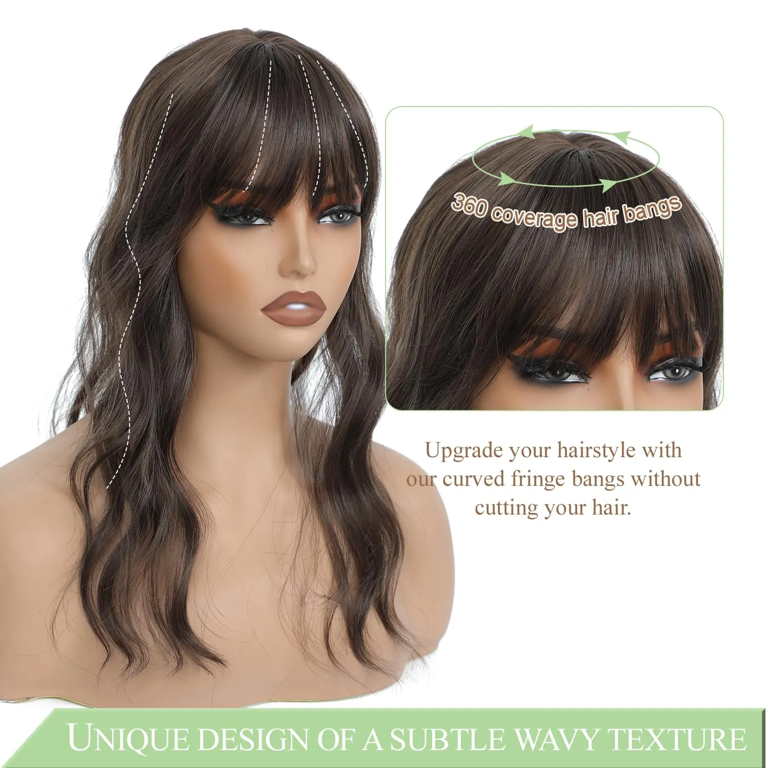 PANEWAY Hair Topper with Bangs Hair Clip 360° 3D Cover Clip in Bangs Mocha Brown Wavy Fake Bangs Hair Toppers for Women with Thinning Hair Synthetic Hair Pieces For Women (2.5''x2'' Base)