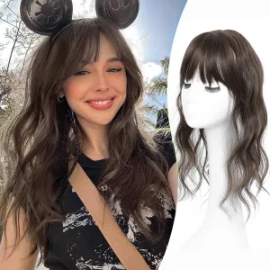 PANEWAY Hair Topper with Bangs Hair Clip 360° 3D Cover Clip in Bangs Mocha Brown Wavy Fake Bangs Hair Toppers for Women with Thinning Hair Synthetic Hair Pieces For Women (2.5''x2'' Base)